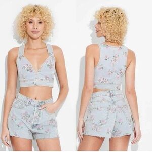 Wild Fable Floral Denim Crop Top - Pink and Gray